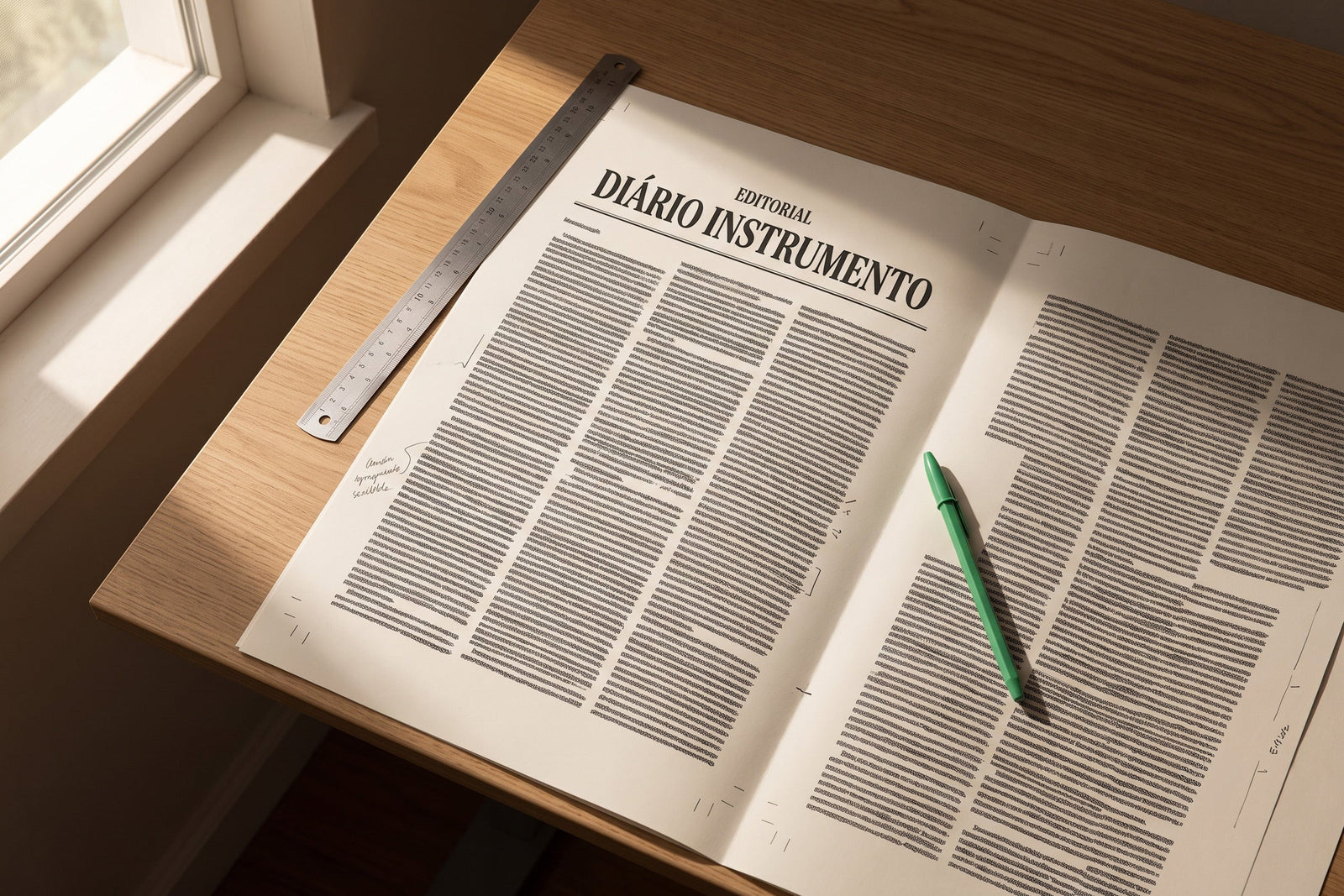 Fotografia editorial em vista de cima de uma bancada de editor: prova impressa de um jornal com múltiplas colunas tipográficas, anotações a lápis nas margens, régua de metal e um marcador verde deitado sobre o papel.