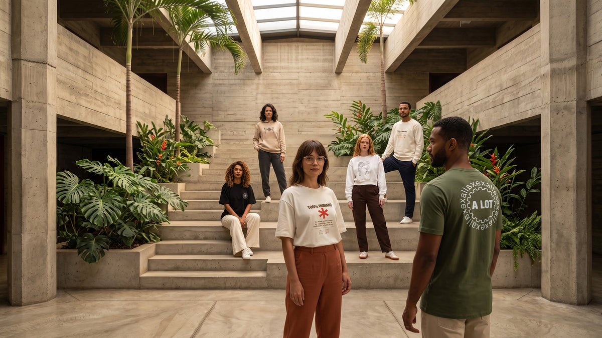 Grupo de seis aferidores em átrio de concreto com plantas tropicais e escada, vestindo peças do Lote-1 Exallaxe. Ao centro, camiseta off-white oversized com estampa "100% HUMANO" e asterisco terracota.